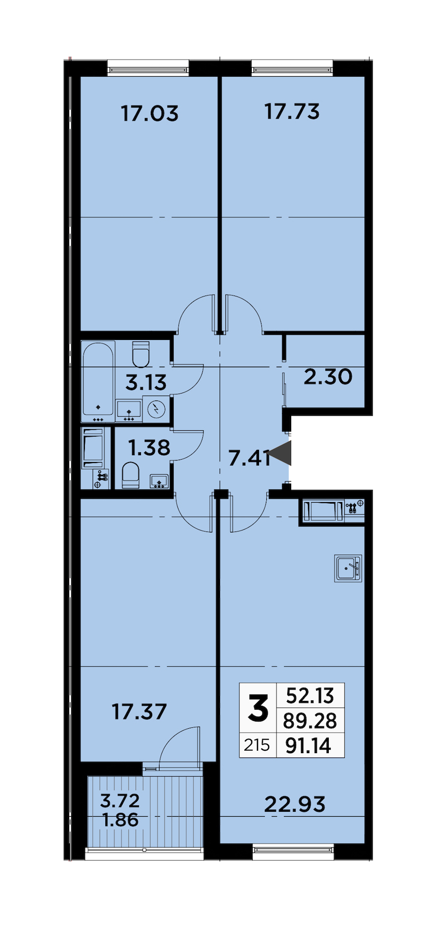 3-комнатная квартира 91.14 м², 12/14 эт., ЖК «GloraX City Zanevsky»